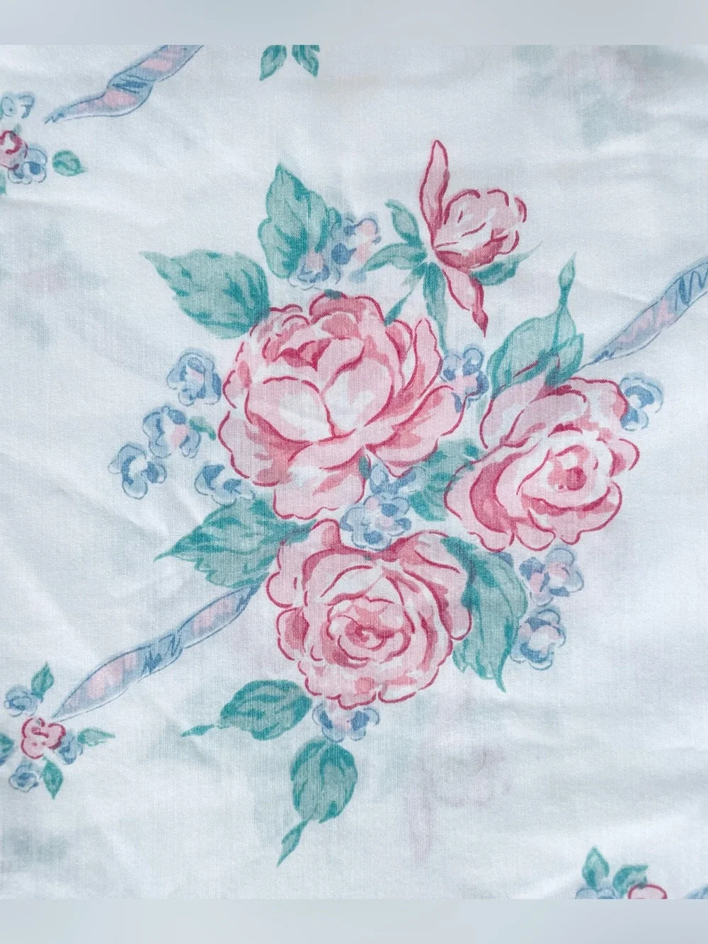 Vintage Pink Rose Ribbon Fitted Sheet w Pillowcase Cotton Blend Thomaston Queen